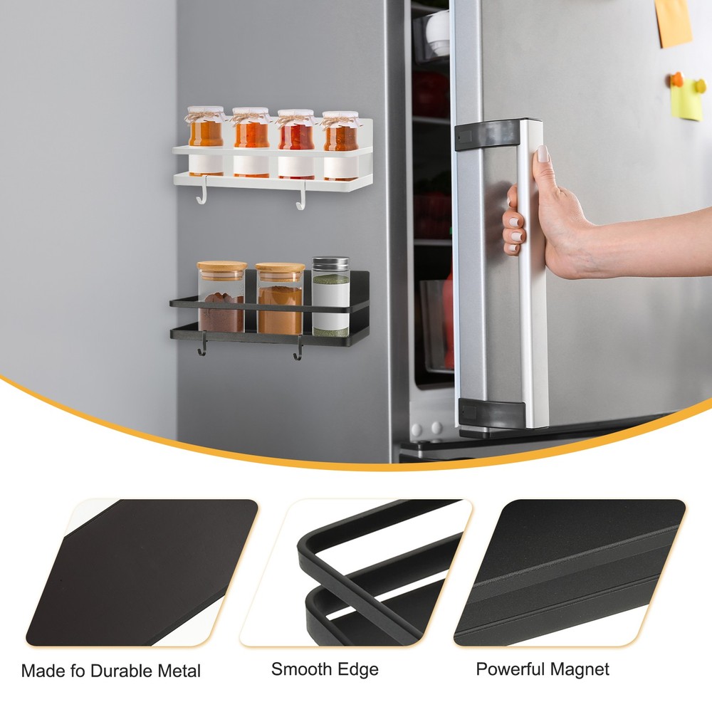 1 Pack Magnetic Spice Rack for Refrigerator with 2 Removable Hooks, Black