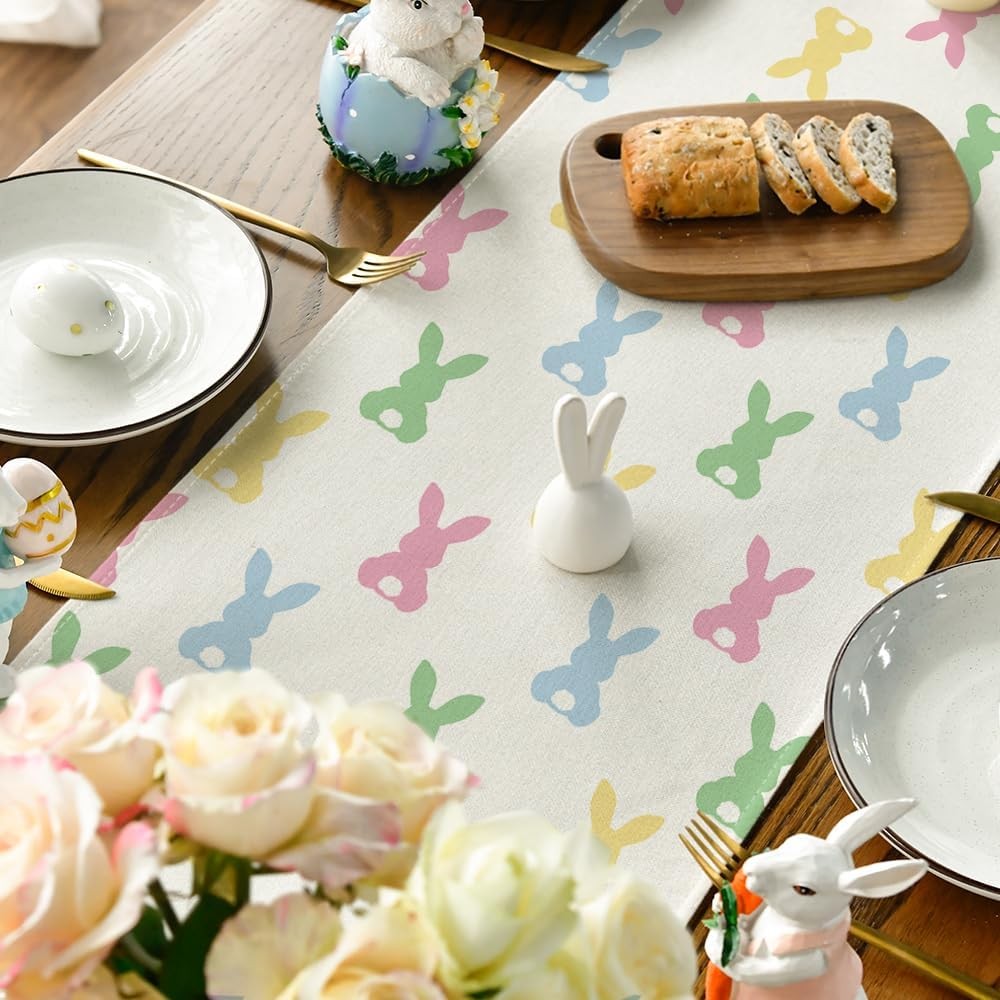 Artoid Mode Green Pink Bunny Rabbit Easter Table Runner, Spring Kitchen Dining T