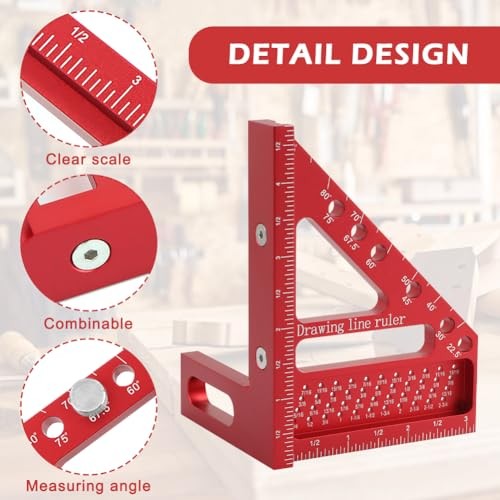 3D Multi Angle Measuring Ruler, 3D Hole Position Layout Drawing 45 and 90 Red