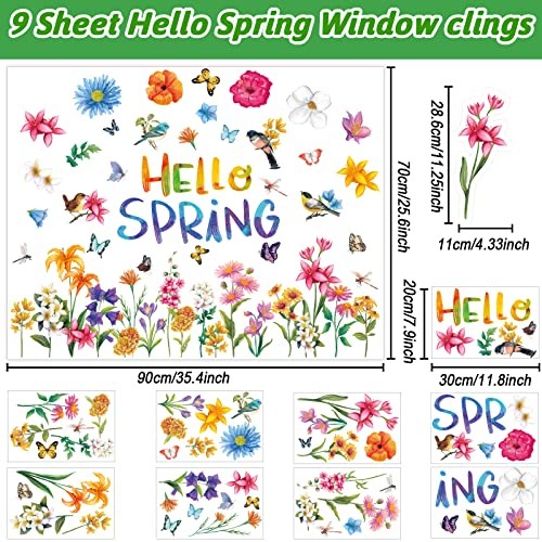 9 Sheet Hello Spring Window Stickers Decorations Spring Window Clings Flowers