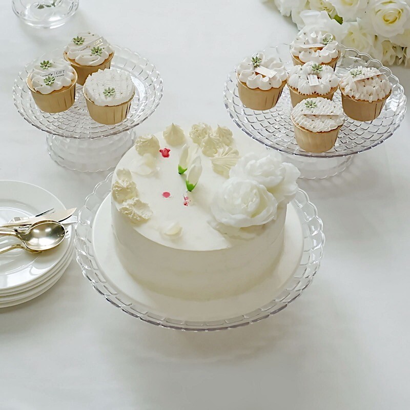 3 Clear Plastic CUPCAKE STANDS Pressed Design Stackable Dessert Pedestals Party