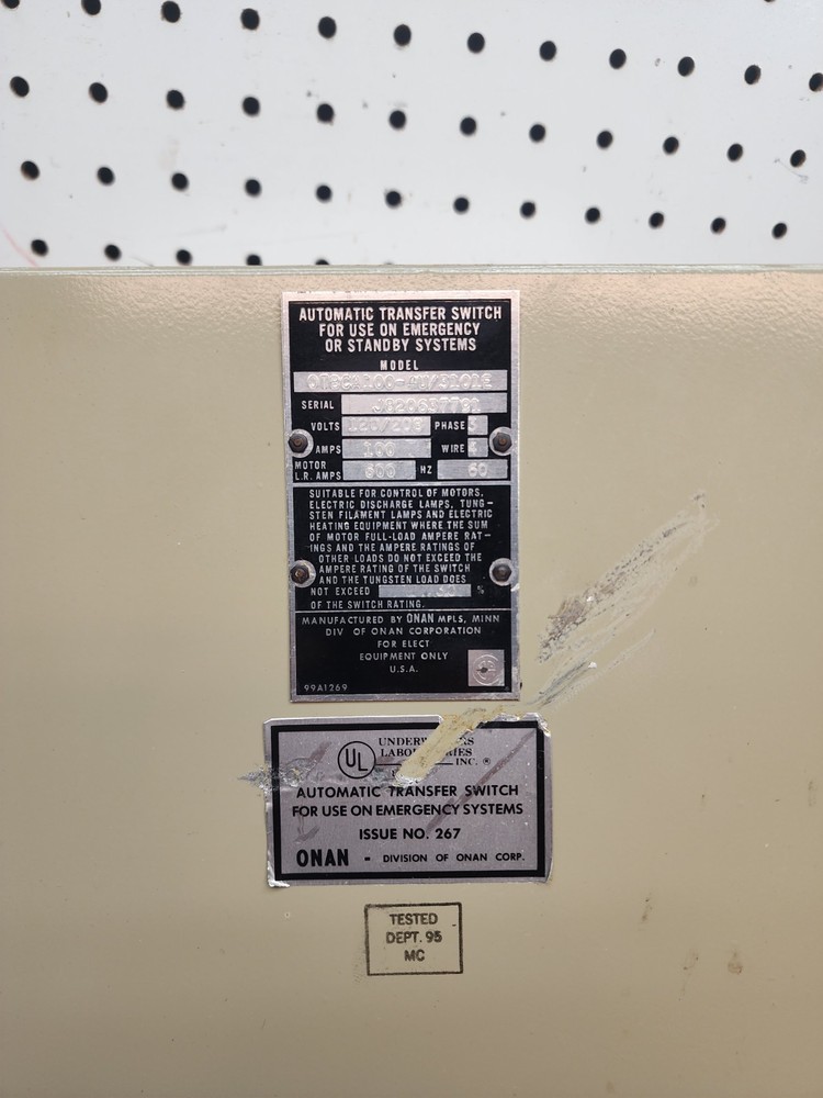 Power Sentry Onan automatic Transfer main Panel OTBCA1004U/3101E, 100 A, 3 ph