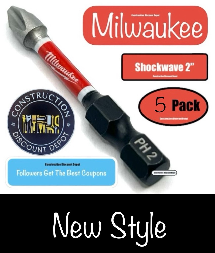 Small 5 Pack Phillips PH2 Milwaukee Shockwave Impact Duty Bit 2" Drill Bits