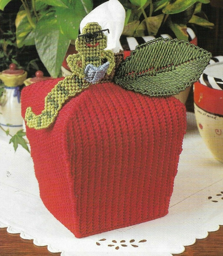 APPLE TISSUE COVER WITH WORM HOME DECOR PLASTIC CANVAS PATTERN INSTRUCTIONS