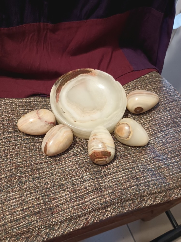 Onyx Marble Stone Five Eggs And Matching Dish Holder