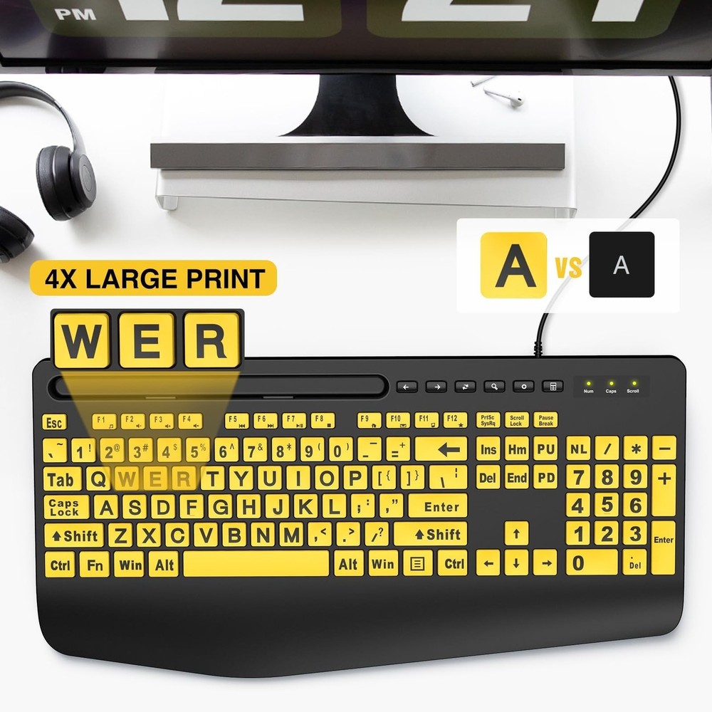 SABLUTE Large Print Keyboard Wired Computer Keyboards with Wrist Rest, Phone ...