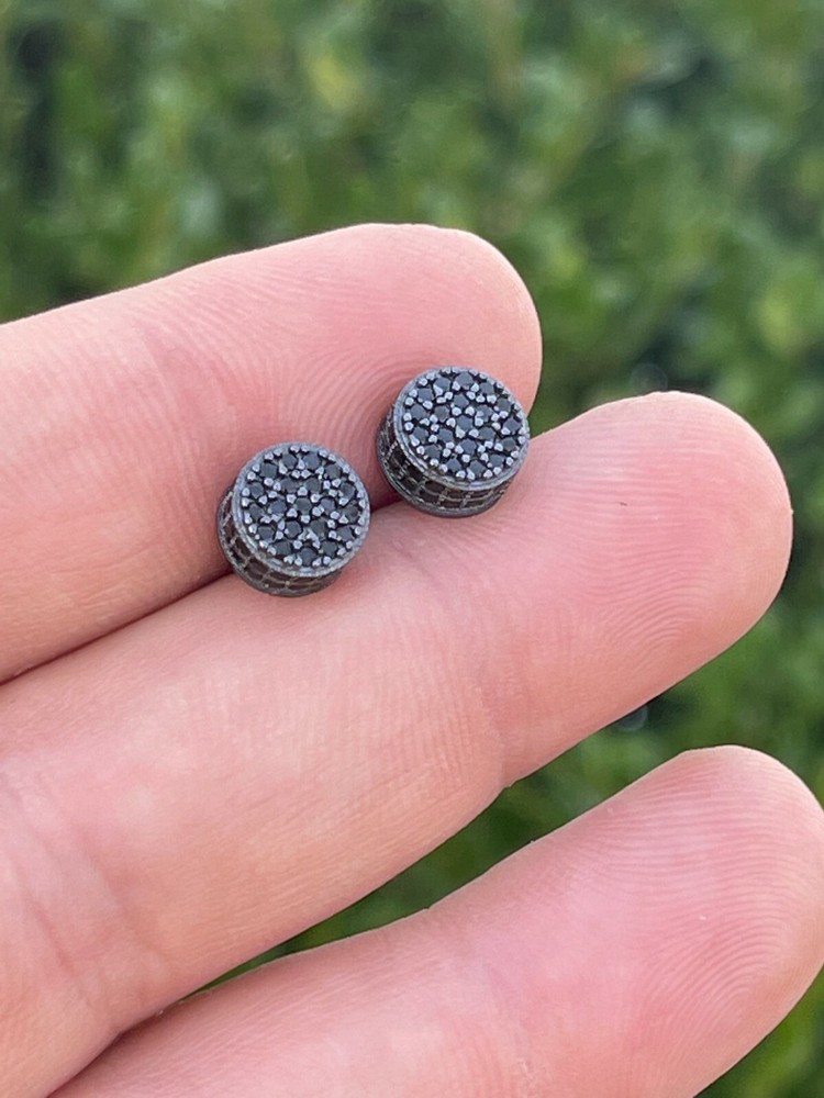 Real Solid 925 Sterling Silver Round Cluster Earrings Black CZ Studs Iced