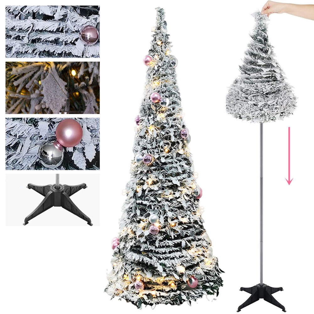 6ft Christmas Tree Foldable Full Tree Pre-Lit Snow Flocked LED String Light Xmas