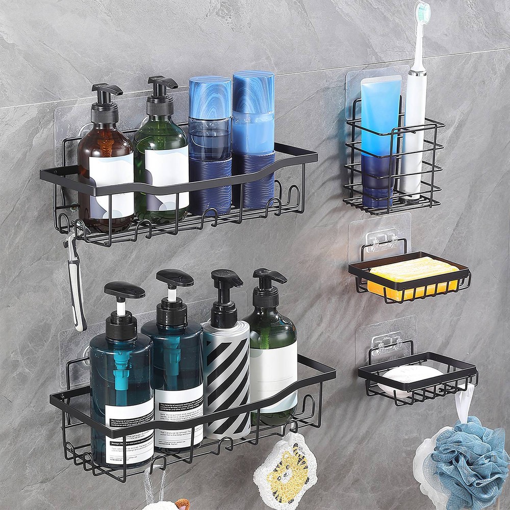 5Pack Shower Caddy Adhesive Shelves Organizer w/ 18 Hooks Rustproof Storage Rack