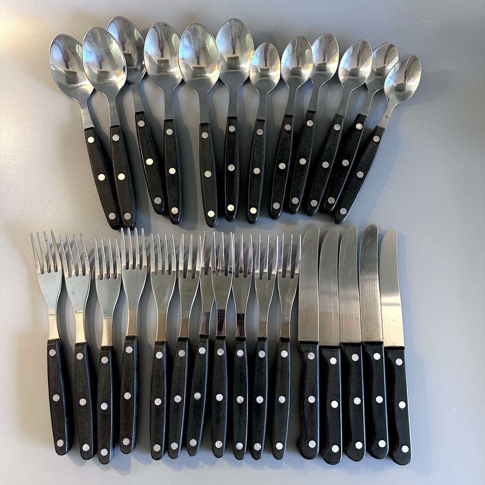 28 Stainless Flatware Black Composite Set Dinner forks Salad Spoons riveted