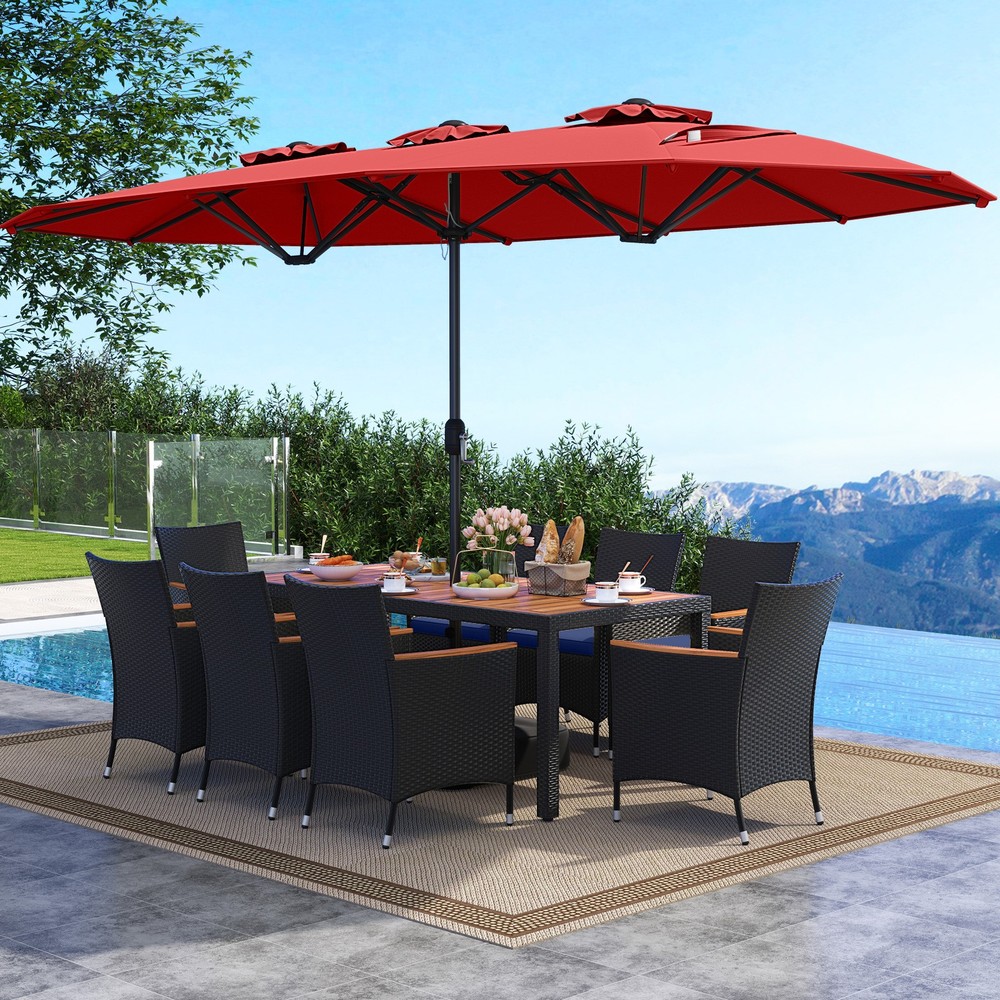 11 PCS Patio Wicker Dining Set w/Double-Sided Outdoor Umbrella 8 Stackable
