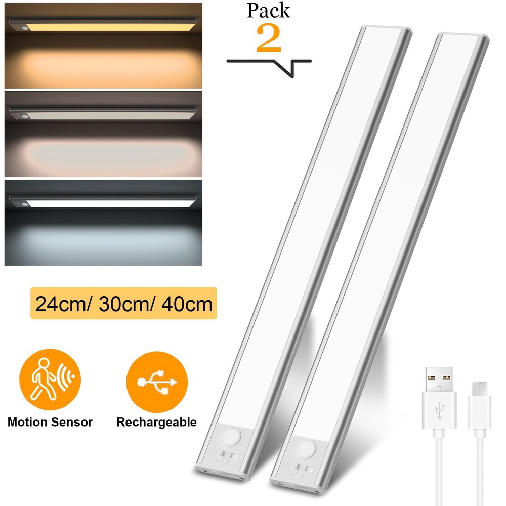 2X LED Kitchen Under Cabinet Closet Shelf Light Rechargeable Motion Sensor Strip