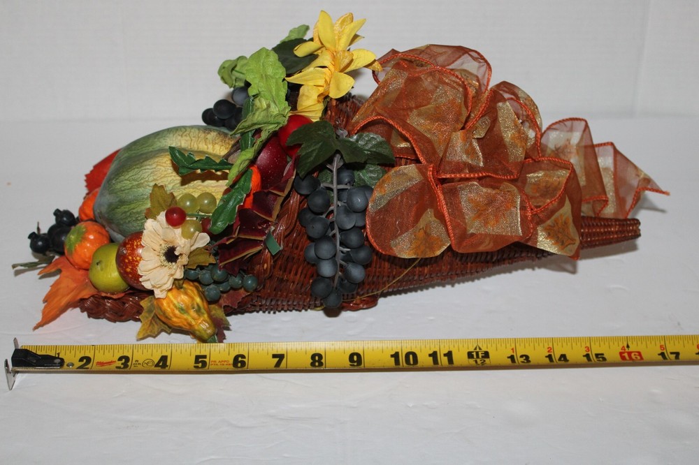 Cornucopia in Wicker Basket with Artificial Fall Thanksgiving Flowers