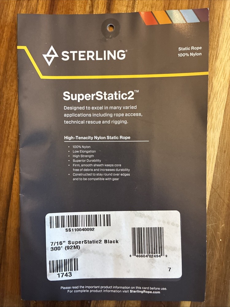 300’ Sterling SuperStatic2 Rappelling Rope