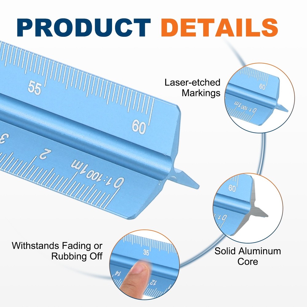 12 Inch Metric Architectural Triangular Scale Ruler Large Scale, Blue