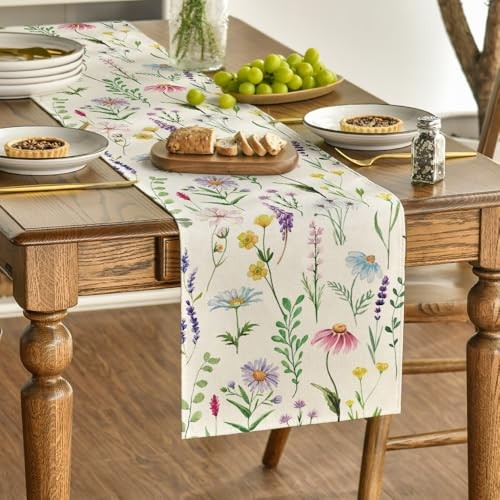 Wildflowers Floral Eucalyptus Spring Table 13" x 72", Table Runner Beige