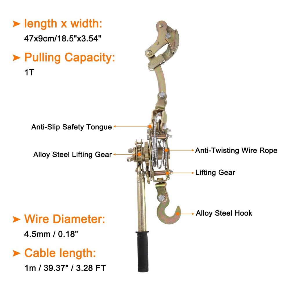 Come Along Winch,1 Ton Winch,Hand Cable Puller with 1 Hooks 1 Pcs