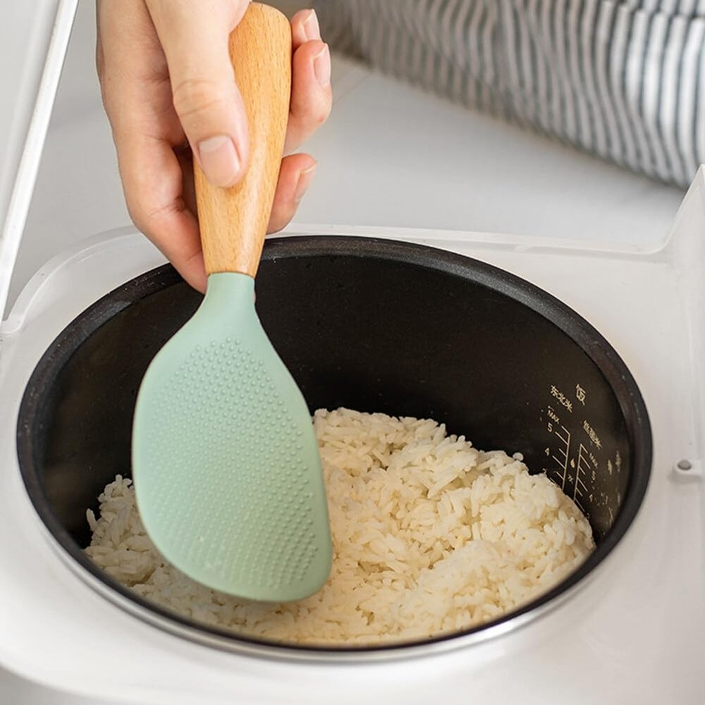 1Pcs Standing Silicone Rice Spoon Paddle with Wood Handle, Nonstick Standing ...