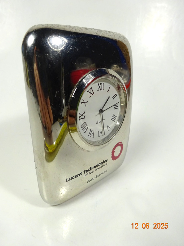 Lucent Technoly 3" Solid Heavy Silver Plated Quartz Desk Clock (Works )