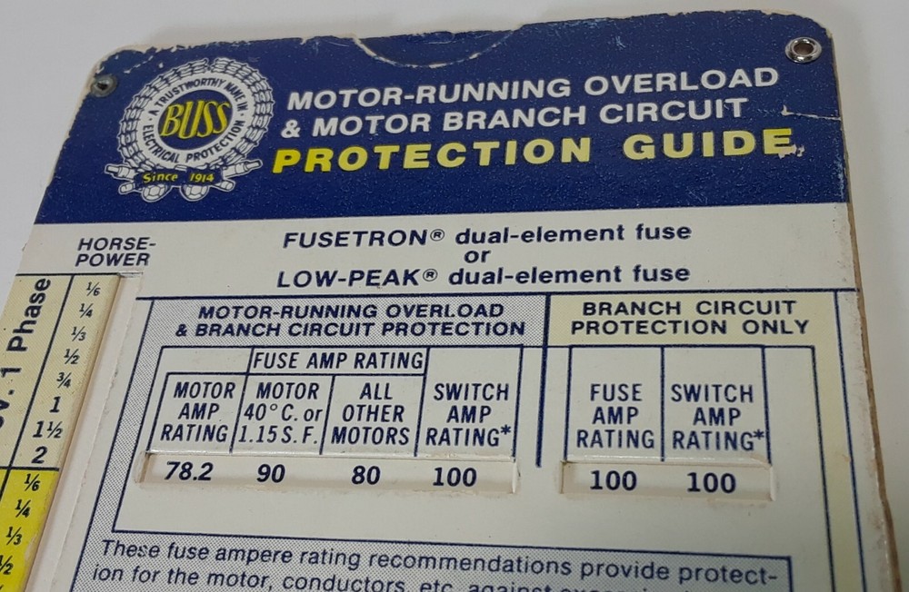VINTAGE 1975 BUSS Electrical - MOTOR OVERLOAD PROTECTION GUIDE - SLIDE CHART