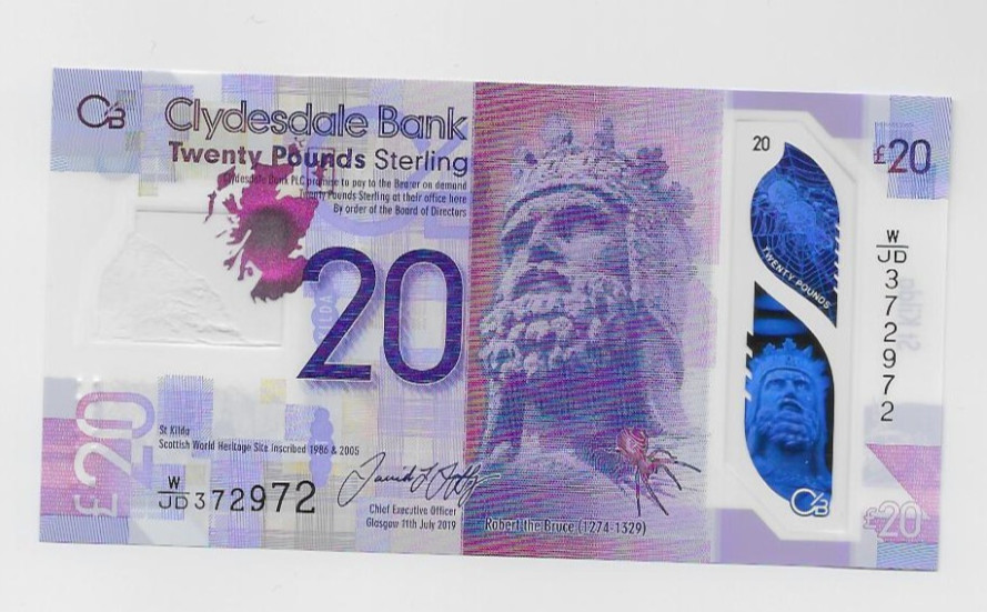 CLYDESDALE SCOTLAND £20 NOTE 2019 PREFIX W/JD  372972   UNCIRCULATED