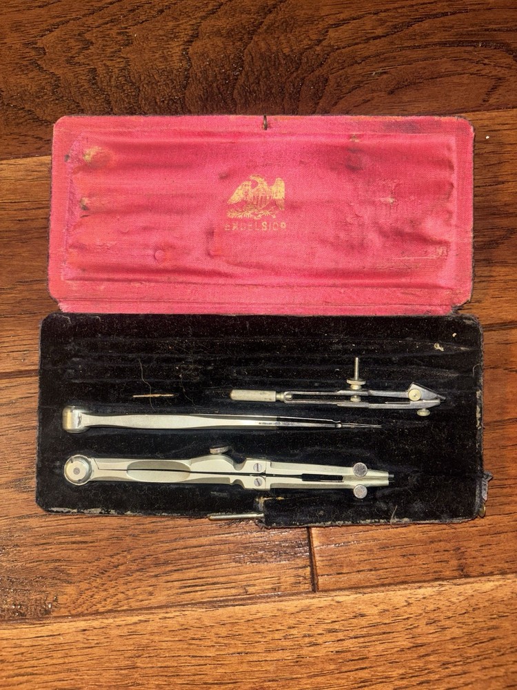 Antique Distressed Drafting Compass Set with Case Missing Some Tools