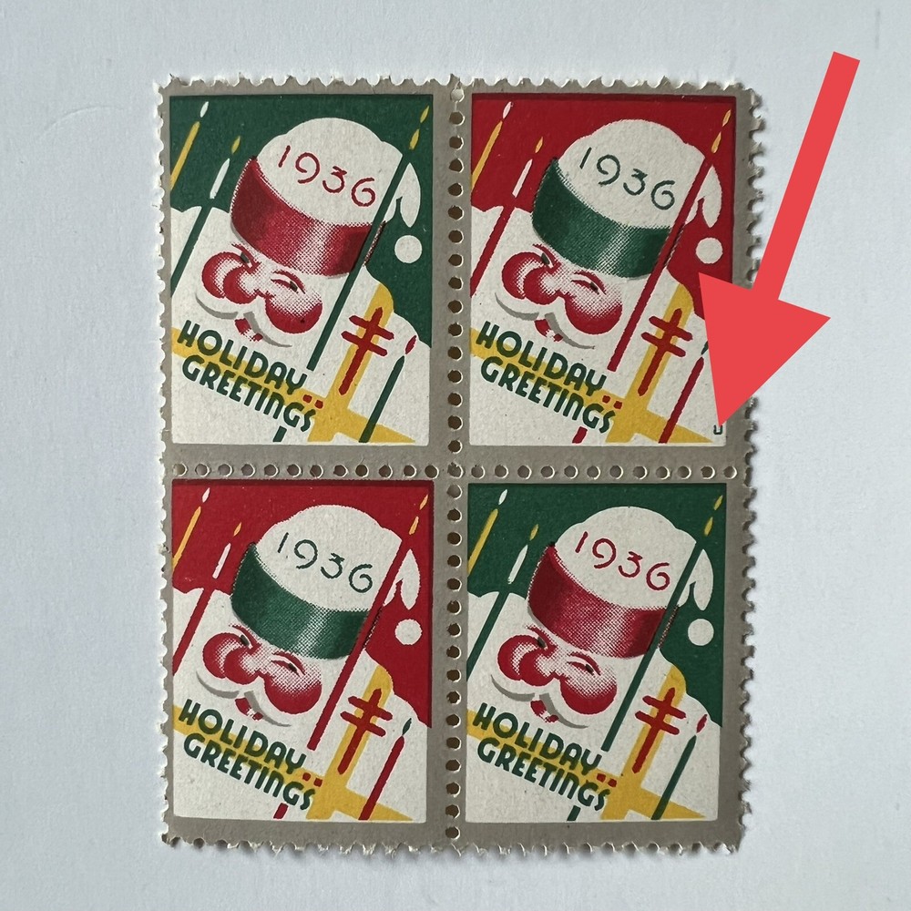 ERROR 1936 CHRISTMAS SEAL BLOCK WITH "U" IN BOTTOM RIGHT CORNER MNH