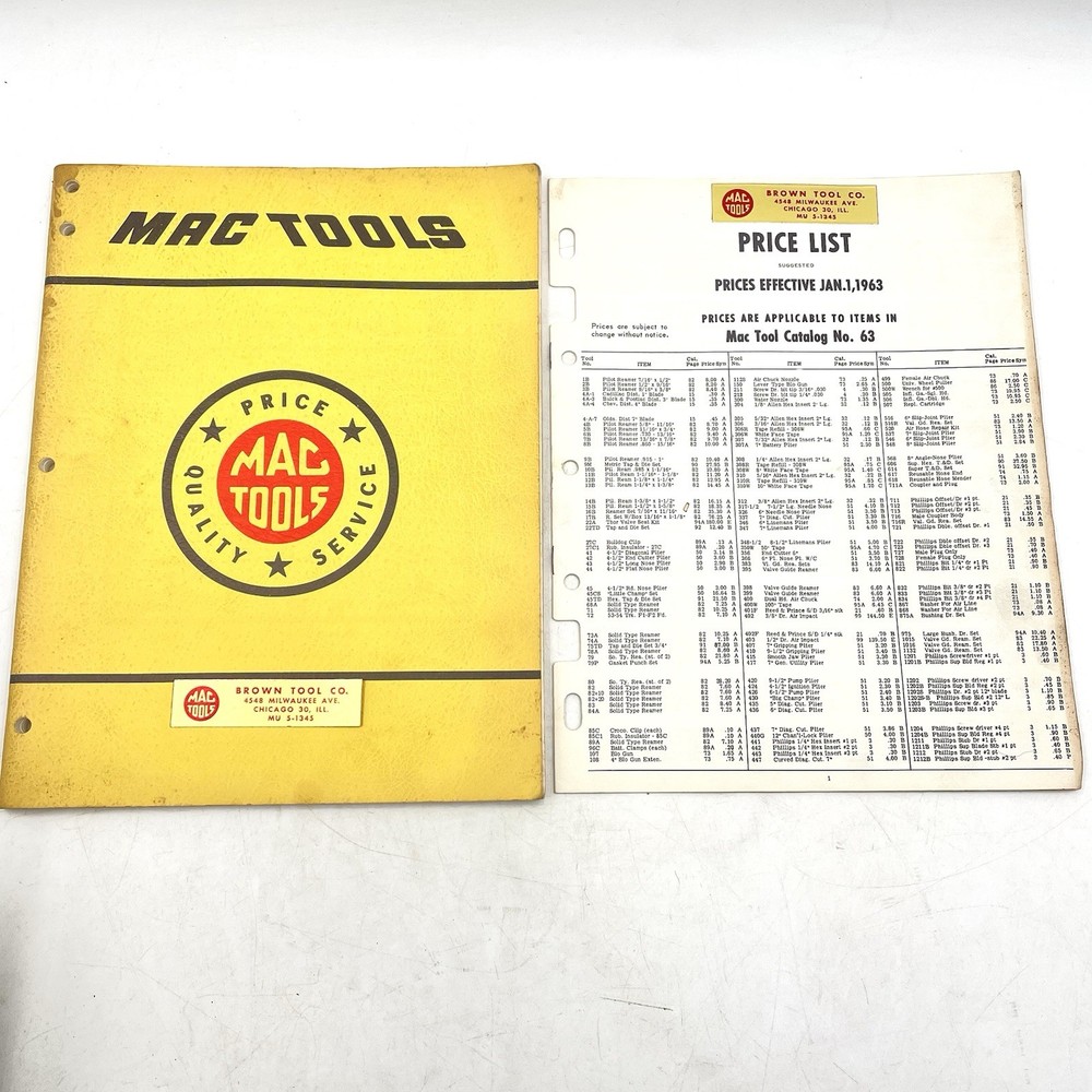 Mac Tools Catalog No 63 & Price List 1963