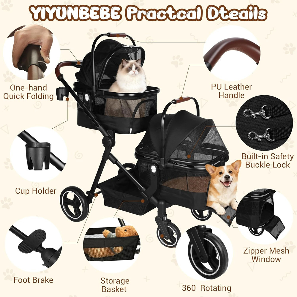 Foldable Double Pet Stroller for 2 Small Medium Cats Dogs, Lightweight Single an