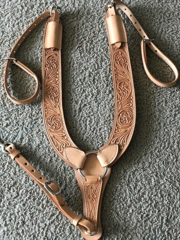 Western Natural Leather hand Carved Pulling Breast Collar