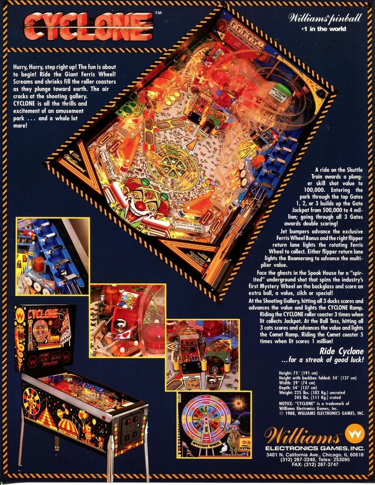 Cyclone Williams Pinball Flyer / Brochure/ Ad - Excellent Condition