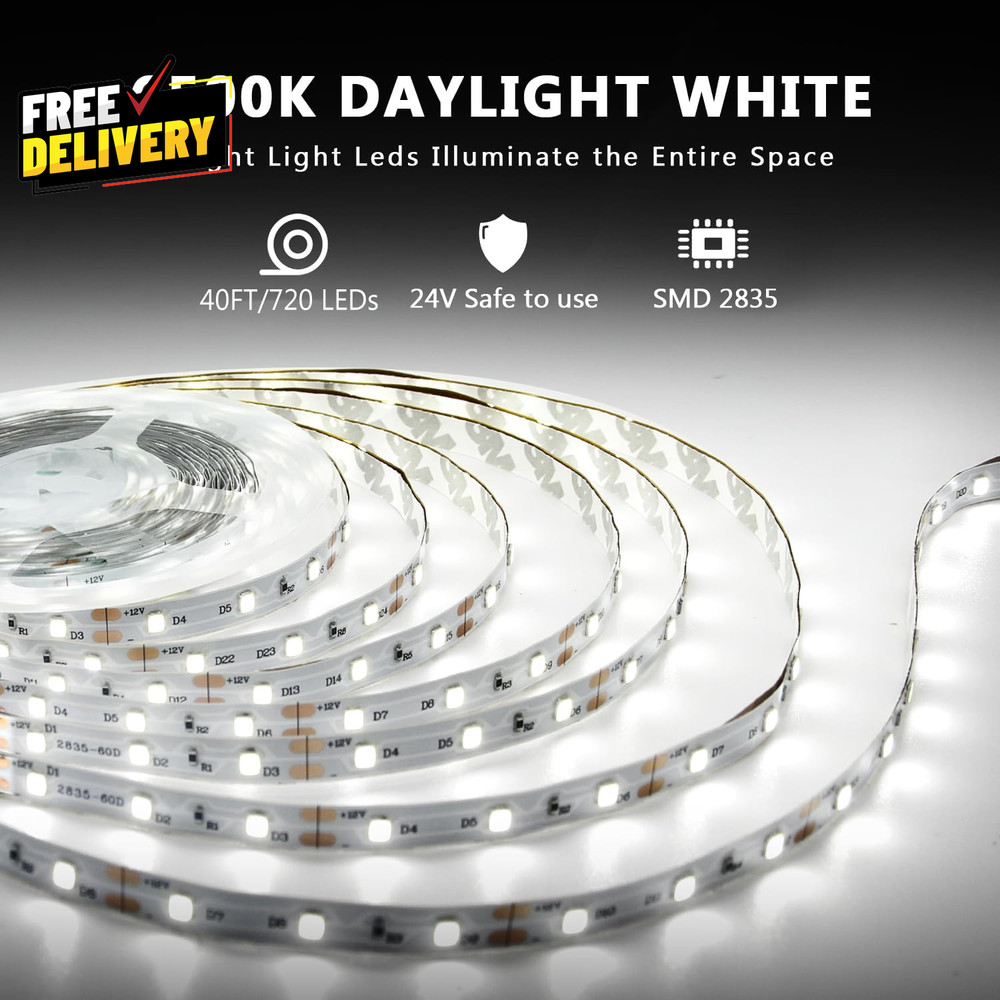 White LED Strip Lights 40Ft Dimmable LED Light Strip 6500K Bright Daylight White