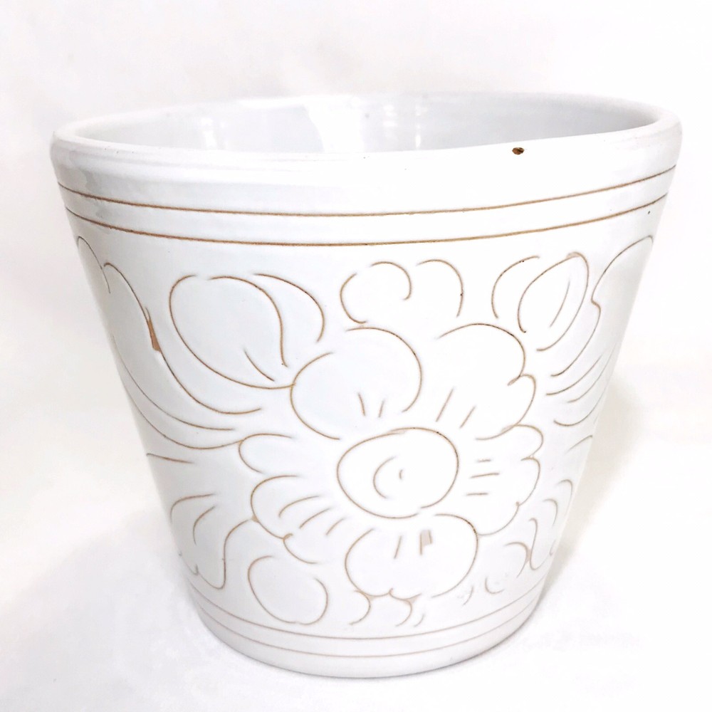 Vintage Italian Sgraffito Pottery Planter Monochromatic 5" Signed