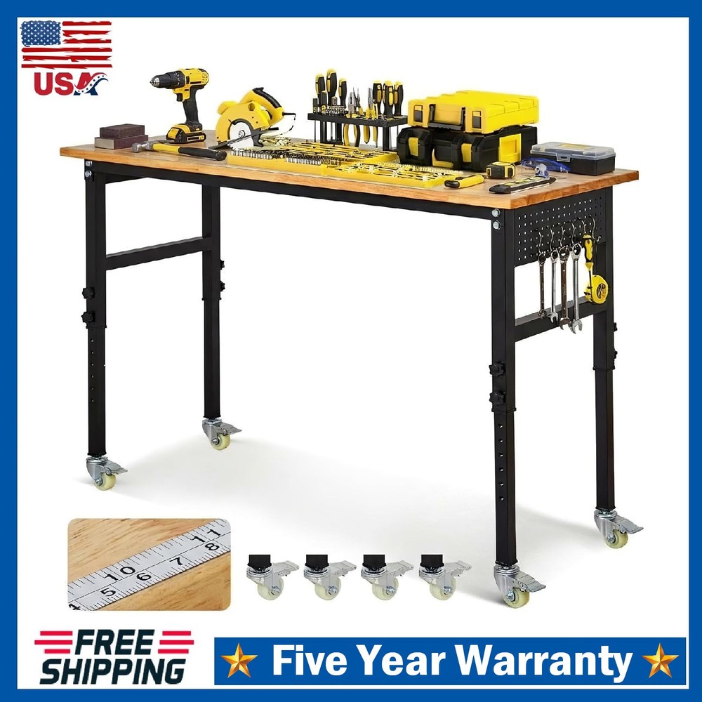 Adjustable Height Workbench 48"x24" Work Bench Table 2000Lbs with Pegboard Hooks