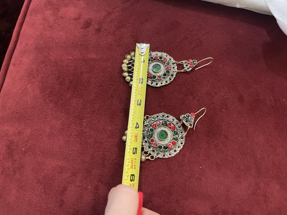Ethnic Earrings with Bells Red Green/multi Round