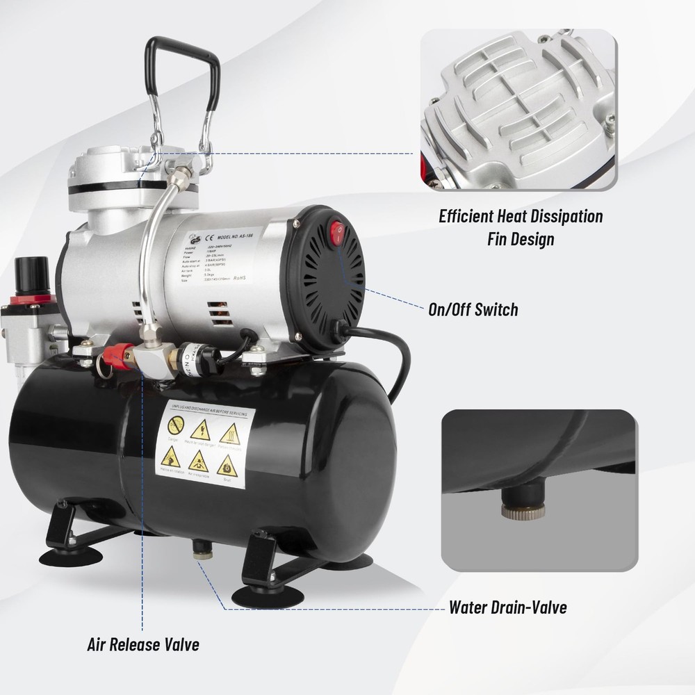 Timbertech Airbrush Compressor, High-performance Single-Piston Oil-free Mini