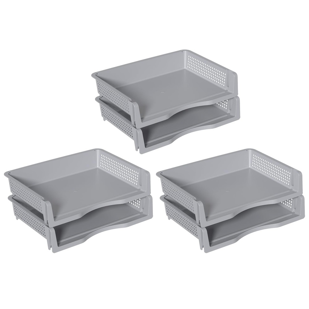 6 Pack Office Desk Tray Organizer Stackable Paper Grey Letter Tray
