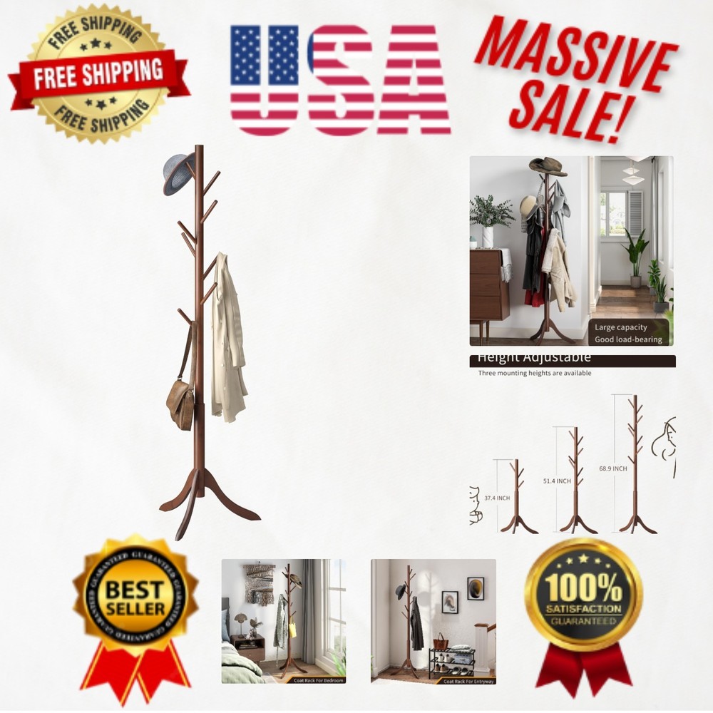 Elegant Bamboo Coat Rack with 8 Hooks - Adjustable Height & Space-Saving Design