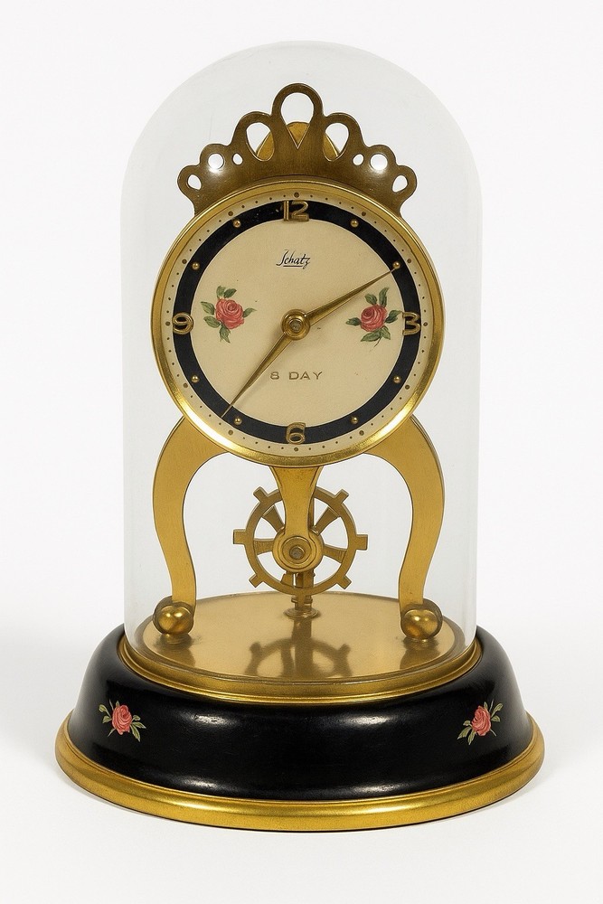 Schatz 8-Day Anniversary Clock Under Glass Dome – Working – Floral Dial