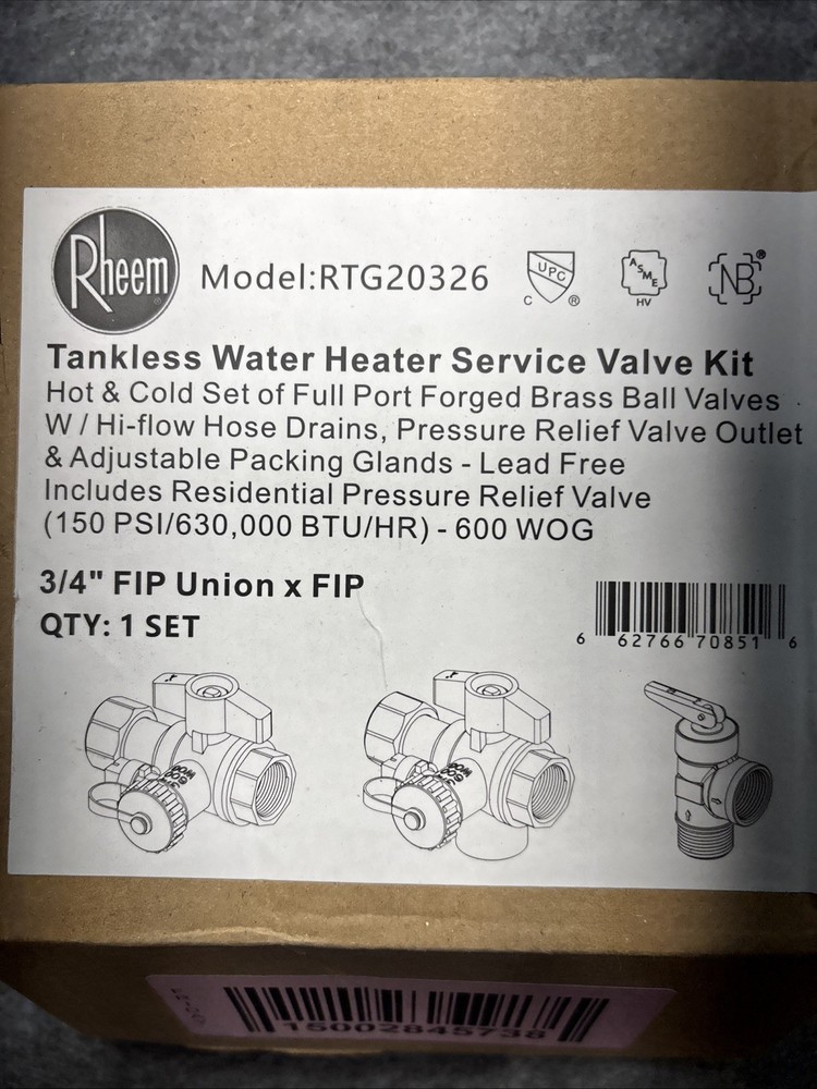 Rheem Brass Service Valves for Tankless Water Heaters RTG20326