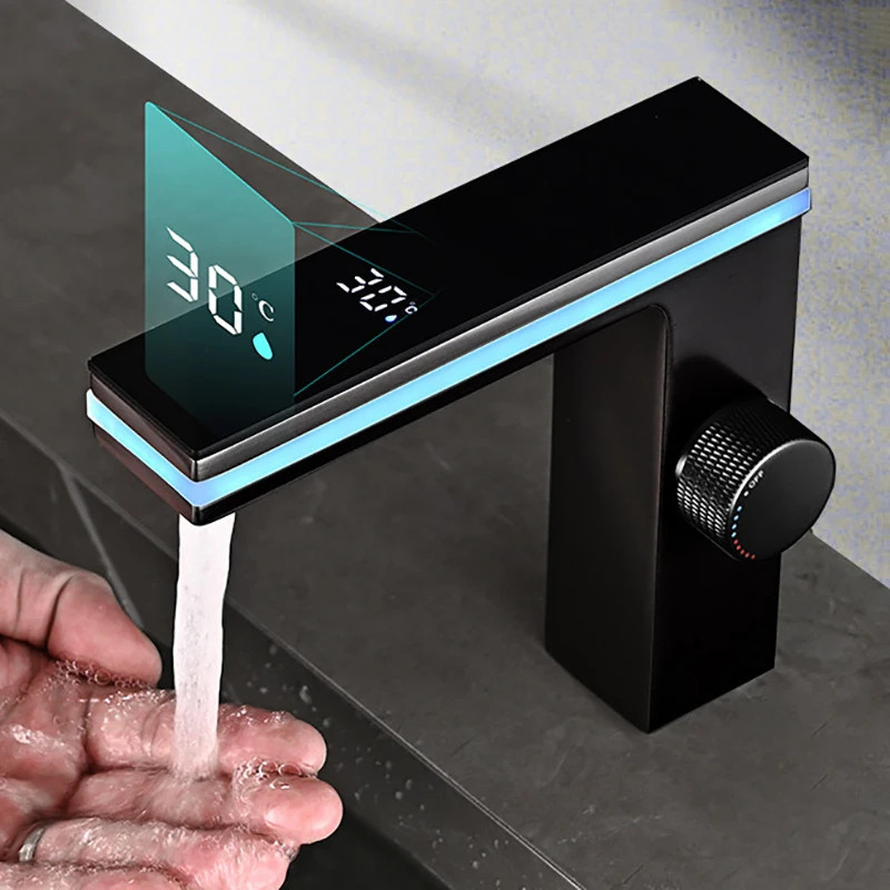 Digital Display Bathroom Basin Faucet Intelligent LED Brass Deck Mounted Washbas