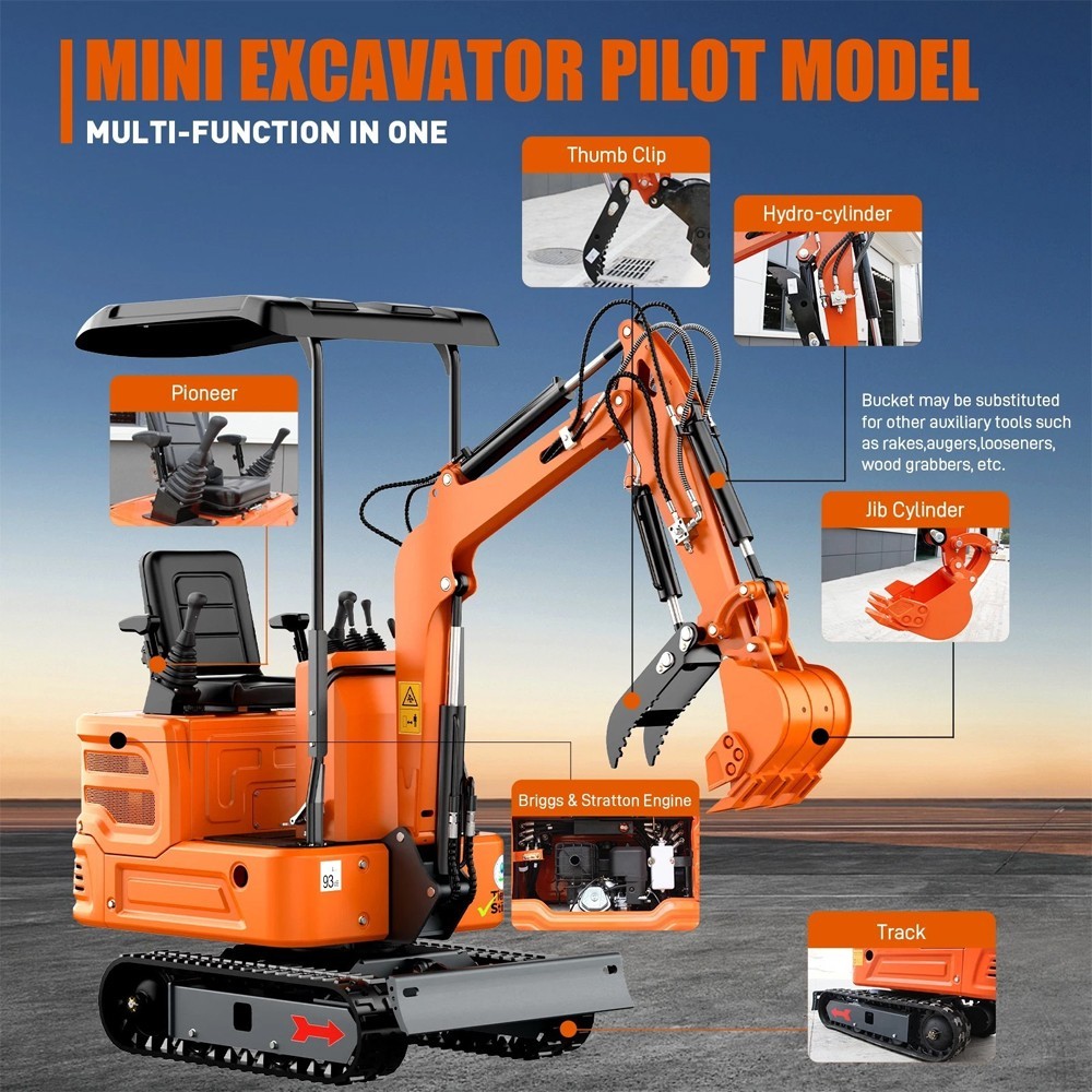 Mini Excavator 1Ton Pilot System Diggers B&S Engine with Attachments Free Ship
