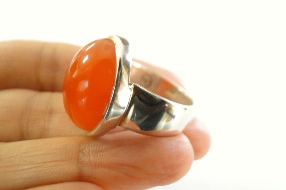 Oval Orange Carnelian Button 925 Sterling Silver Ring Size 9.5