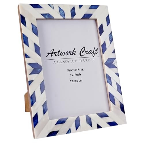 Boho 5x7 Bone Photo Frame – Handcrafted Aztec Chevron Pattern | 5x7 Inches Blue