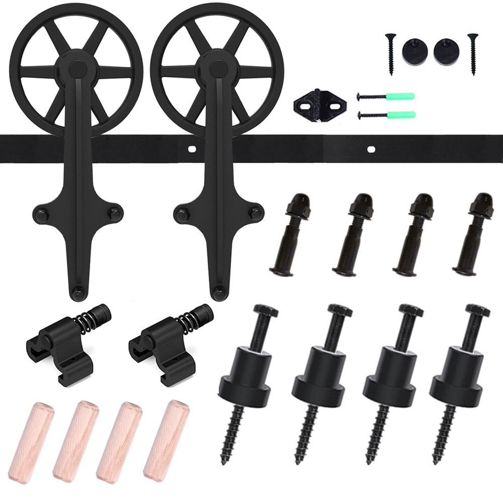 4'-12' Single Wood Sliding Barn Door Hardware Basic Black Roller Kit