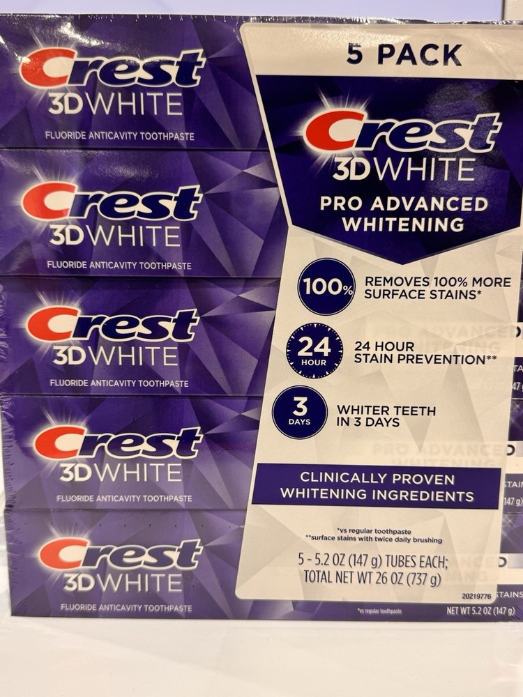 Crest 3D White Advanced Whitening Toothpaste 5 Pack 5.2oz Fluoride Mint NEW Seal