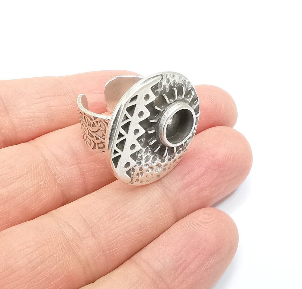 Sun Motif Ring Blank Setting, Cabochon Mounting, Adjustable Resin Base, Inlay