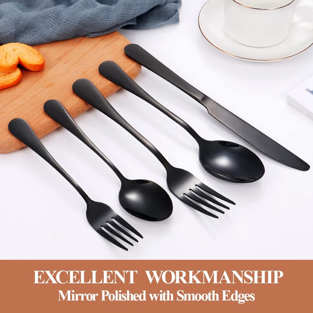 40 Pcs Black Silverware Set for 8, Mirror Polished Flatware Set Stainless Ste...