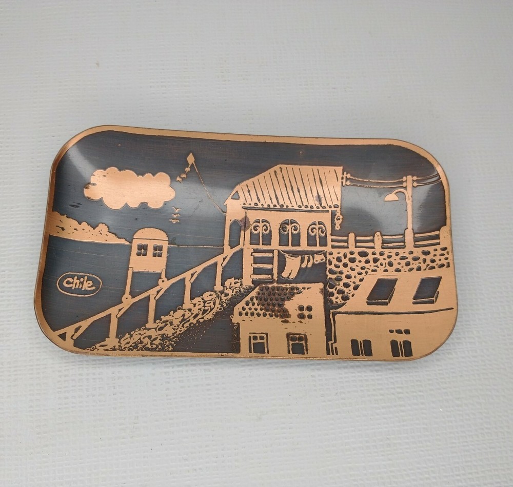 Chile Small Decorative Metal Tray Town Scene