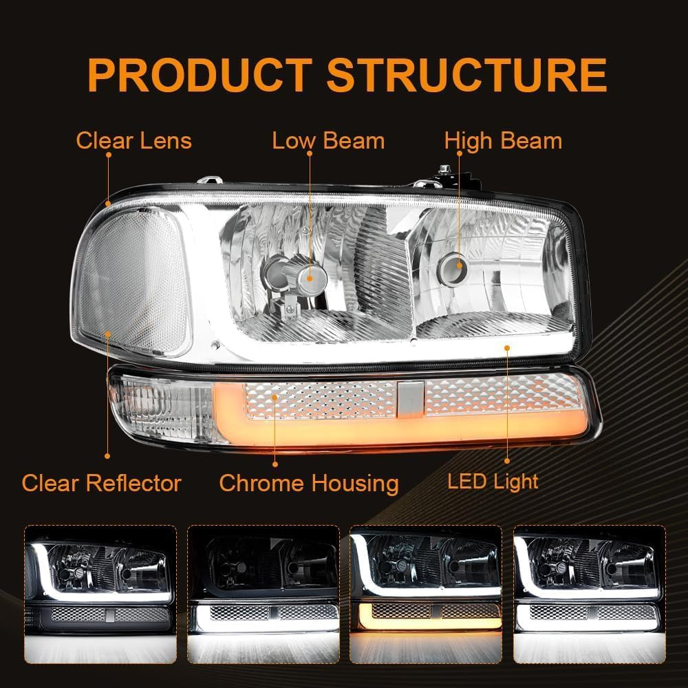 LED DRL Headlight, Headlights Assembly Kit Compatible with 1999-2007 GMC Sierra